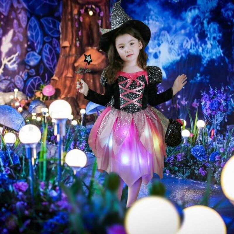 Halloween Girl Witch Costume With LED Glow Light, Hat & Wand (For Kid)-Kid Costume-Animee Cosplay